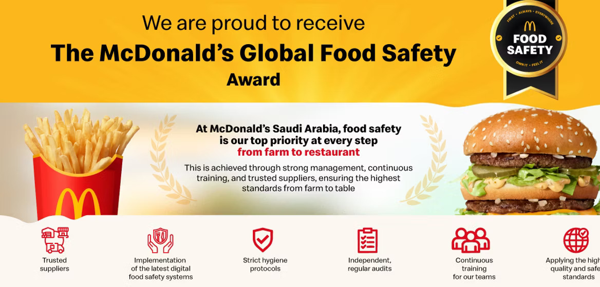 McDonald’s Saudi Arabia Receives the Global Food Safety Award from McDonald’s Corporation In recognition of its commitment to applying the highest standards of food safety and quality at every step