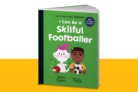 I Can Be a Skilful Footballer book on a yellow shelf.