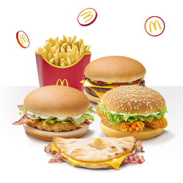 2500 points - Picture of Vegetable Deluxe, Bacon Mayo Chicken, Cheesy Bacon Flatbread, medium fries and Double Cheeseburger. 